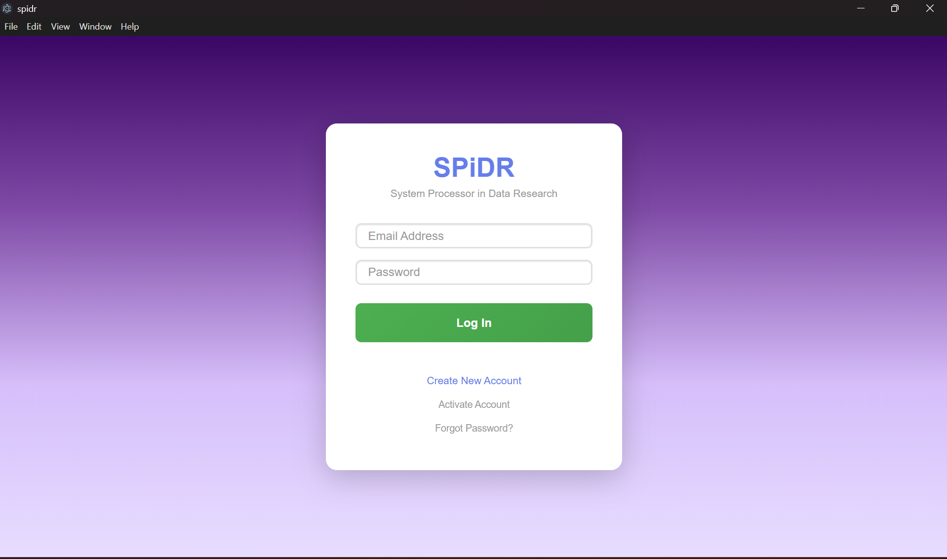 SPiDR Login Screen